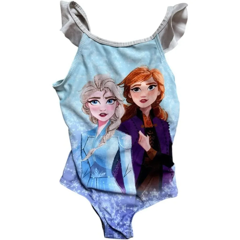 Toddler Girls Disney Frozen Ana Elsa Ruffle One Piece Swimsuit Bathing Suit - 5T